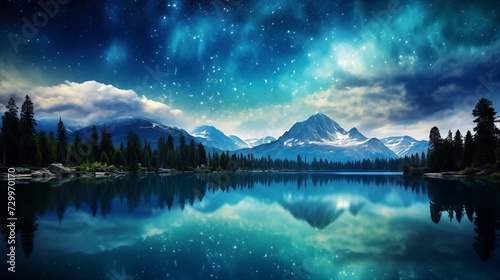 Mountain Lake Reflecting a Starry Night Sky