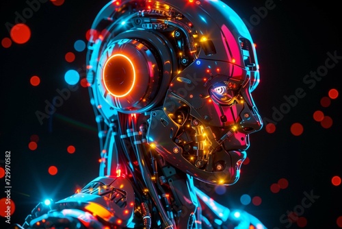 image of robot male model with neon lights and with neural network thinks while digital brain processing big data and standing against black background