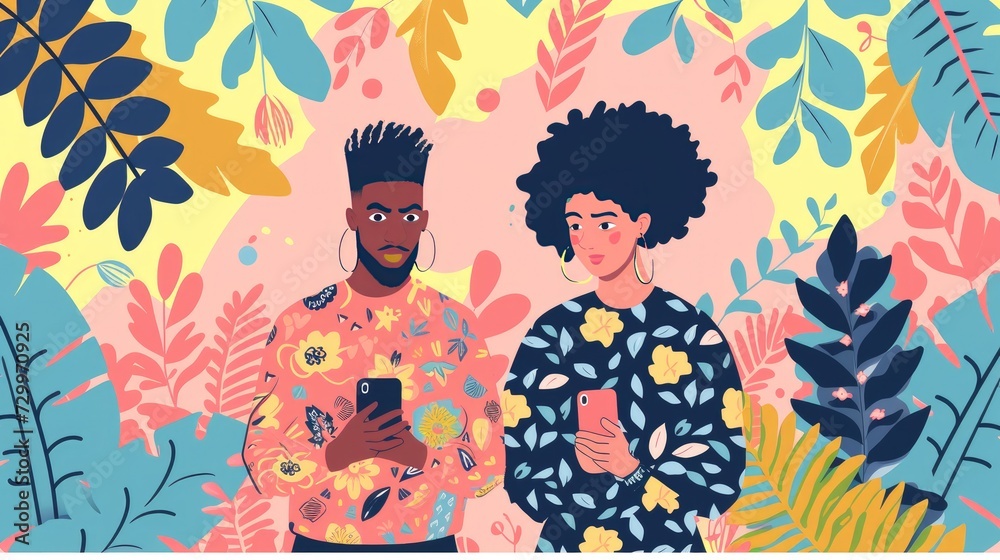Colorful illustration of a couple of young people, students using phones Colorful illustration of a couple of young people, students using phones