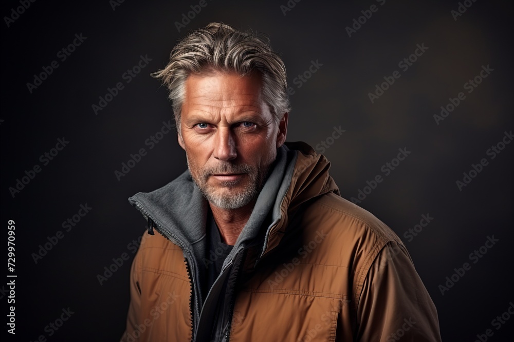 Portrait of a handsome middle aged man with grey hair and beard wearing a brown jacket.