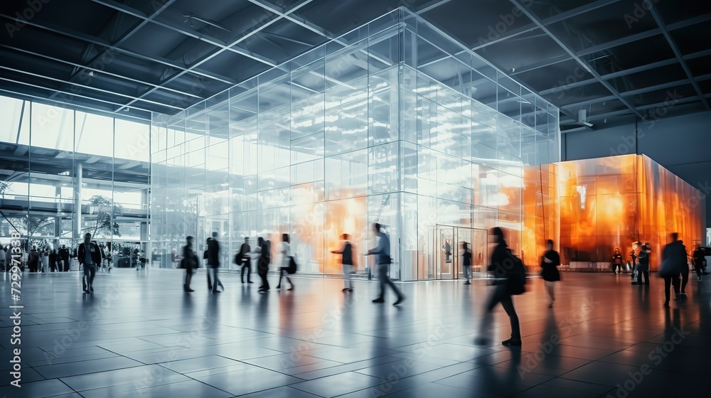 long exposure shot of crowd of business people walking in bright office lobby fast moving Long exposure shot of crowd of business people walking in bright office lobby fast moving with blurry