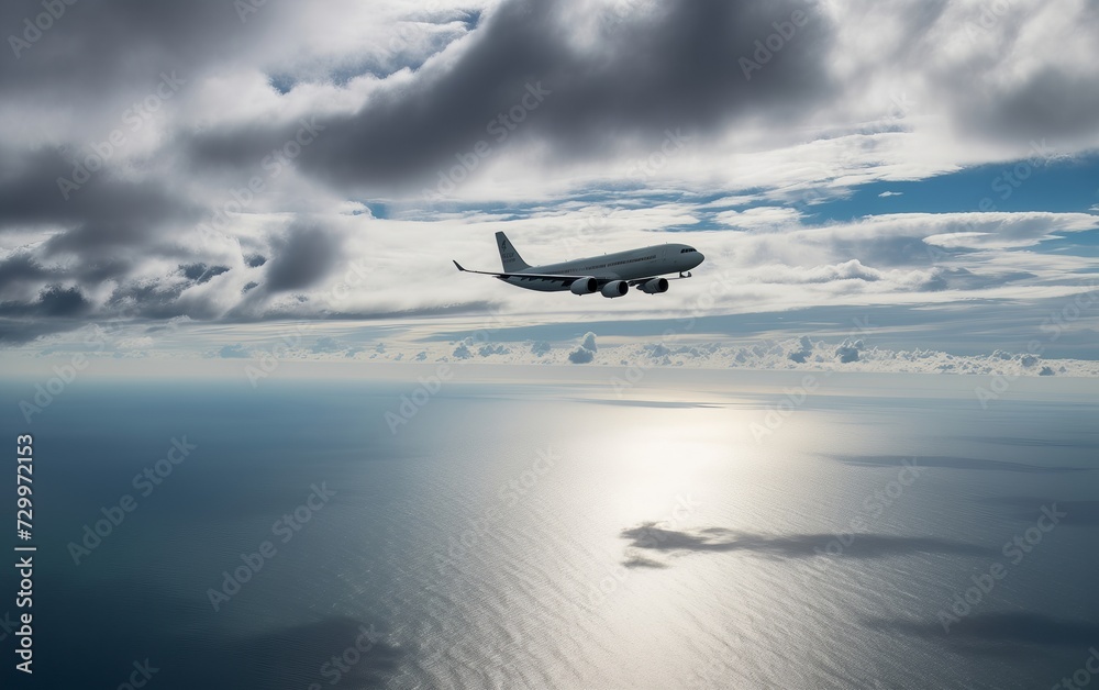 Fototapeta premium a bright plane flies in the clouds over the ocean 