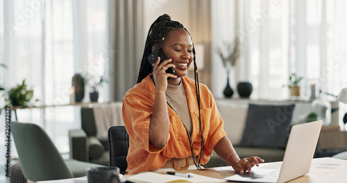 Black woman in home office, phone call and laptop for remote work, social media or content management. Happy girl at desk with computer, cellphone and online chat in house for freelance networking.