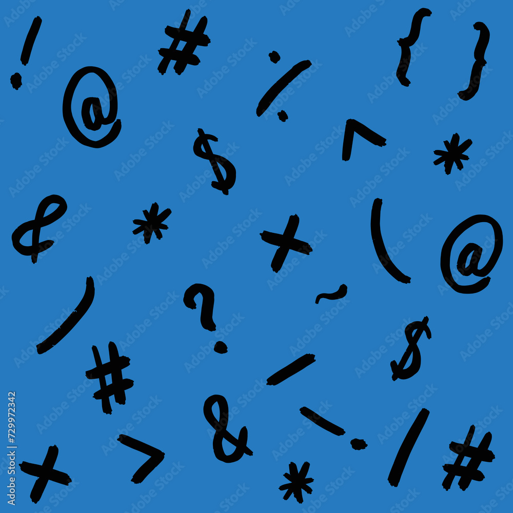 pattern with the image of keyboard symbols. Punctuation marks. Template for applying to the surface. blue background. Square image. pattern with the image of keyboard symbols. Punctuation marks. Template for applying to the surface. blue background. Square image.
