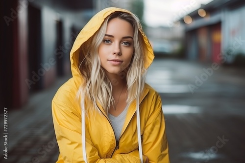 Portrait of a beautiful young woman wearing a yellow raincoat outdoors