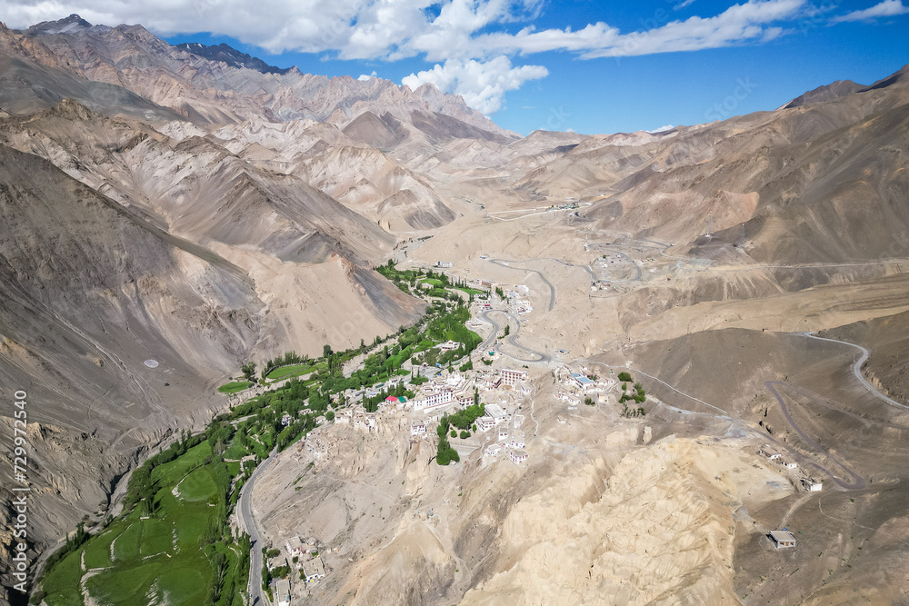 Lamayuru monastery, aerial view, Ladakh, Northern India, Himalayas, India