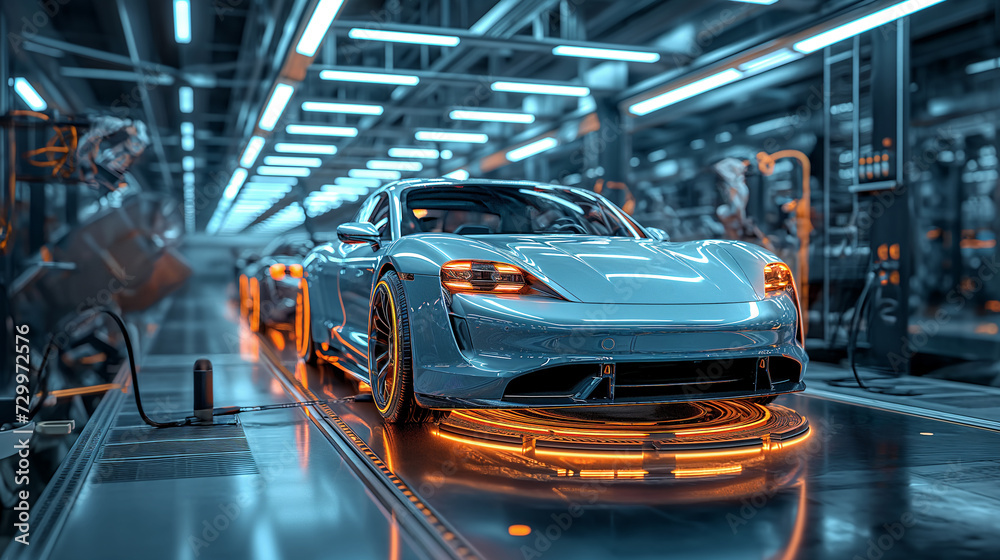 A blue sports car gets pieced together by robotic arms within an ultramodern automated assembly line, showcasing industrial innovation and precision engineering.