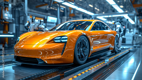 A yellow sports car gets pieced together by robotic arms within an ultramodern automated assembly line, showcasing industrial innovation and precision engineering.