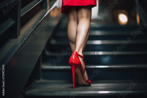 Elegance on the Move: Woman in Red Heels on Escalator