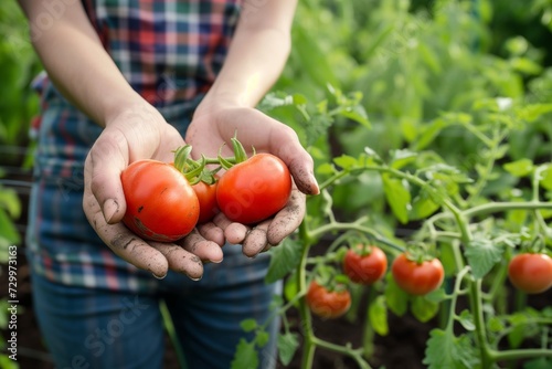 gardener holding ripe tomatoes with plants in background