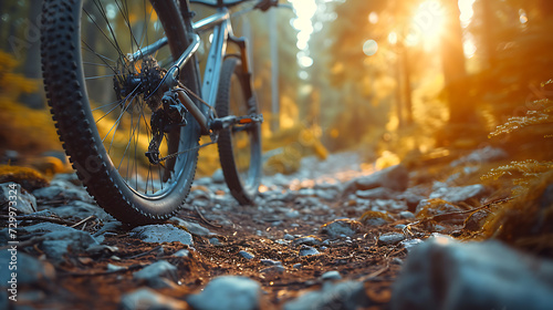 a downhill bike on the rocky street with forest background. Bright afternoon sunshine. Ground level viewpoint © growth.ai