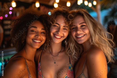 Three multiethnic female friends enjoy a lively night out, radiating joy and camaraderie as they create unforgettable memories together