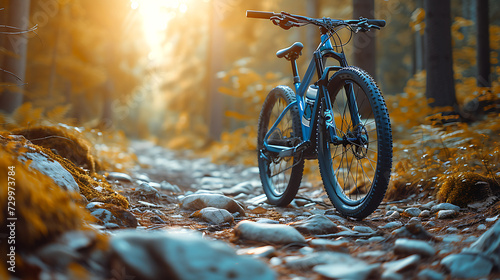 a downhill bike on the rocky street with forest background. Bright afternoon sunshine. Ground level viewpoint