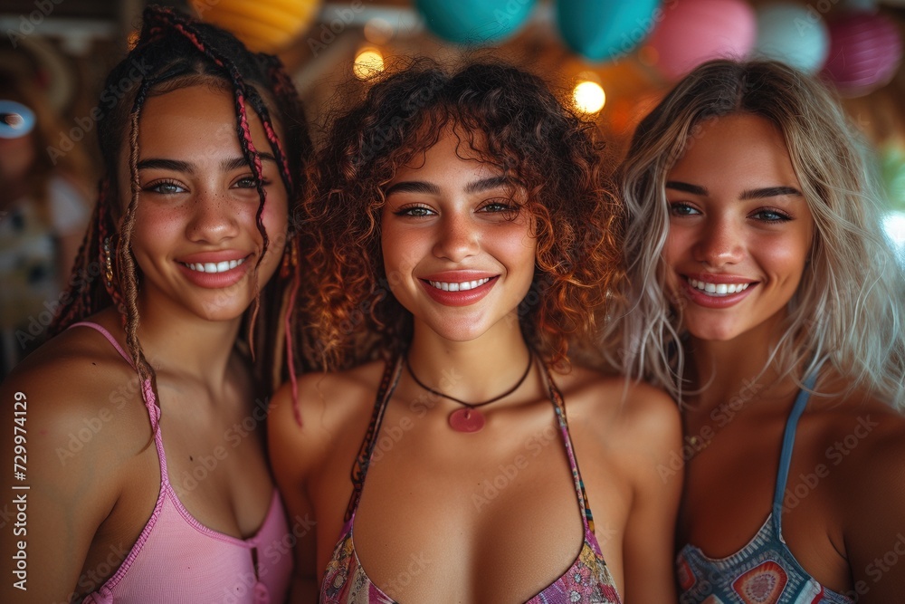 Dynamic portrayal captures the laughter and bonding of three multiethnic female friends as they embark on an exhilarating night out filled with fun and adventure