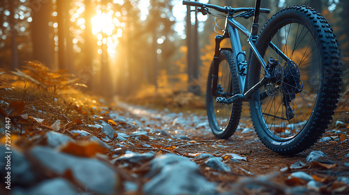 a downhill bike on the rocky street with forest background. Bright afternoon sunshine. Ground level viewpoint © growth.ai