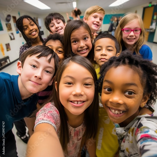 Happy diverse junior school students children group looking at camera standing in classroom. Smiling multiethnic cool kids boys and girls friends posing for group portrait together