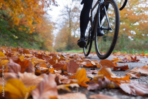 cyclist on a path with autumn leaves © studioworkstock