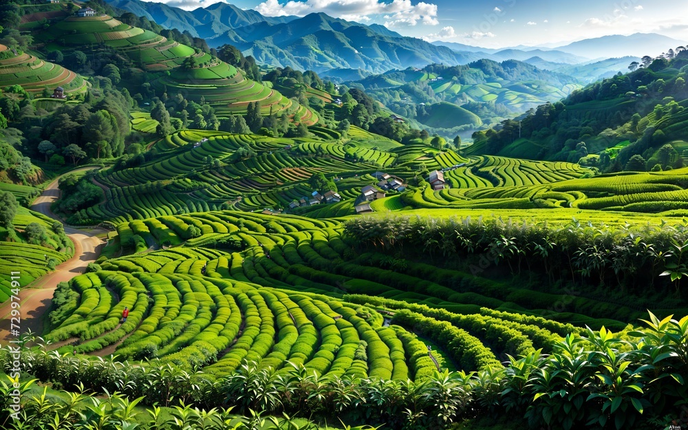 Green Serenity Exploring the Tranquil Beauty of Tea Plantations and Rural Agriculture Landscapes ai generated Green Serenity Exploring the Tranquil Beauty of Tea Plantations and Rural Agriculture Landscapes ai generated