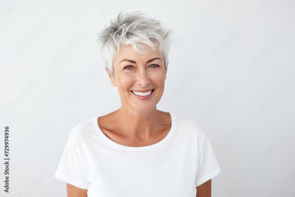 Portrait of a happy senior woman with short grey hair standing against white background