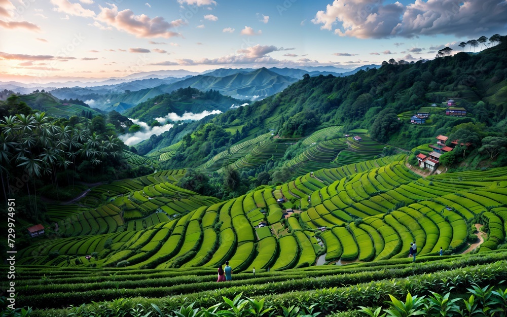 Green Serenity Exploring the Tranquil Beauty of Tea Plantations and Rural Agriculture Landscapes ai generated Green Serenity Exploring the Tranquil Beauty of Tea Plantations and Rural Agriculture Landscapes ai generated