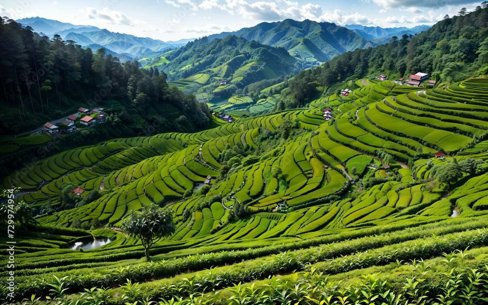 Green Serenity Exploring the Tranquil Beauty of Tea Plantations and Rural Agriculture Landscapes ai generated Green Serenity Exploring the Tranquil Beauty of Tea Plantations and Rural Agriculture Landscapes ai generated