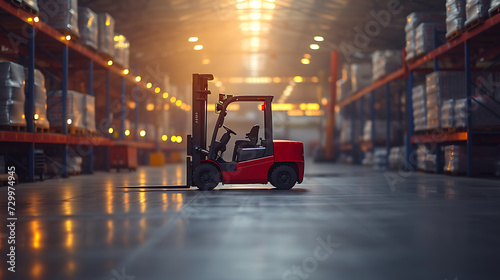 A forklift in the warehouse with sunlight penetration. Creative Banner photo