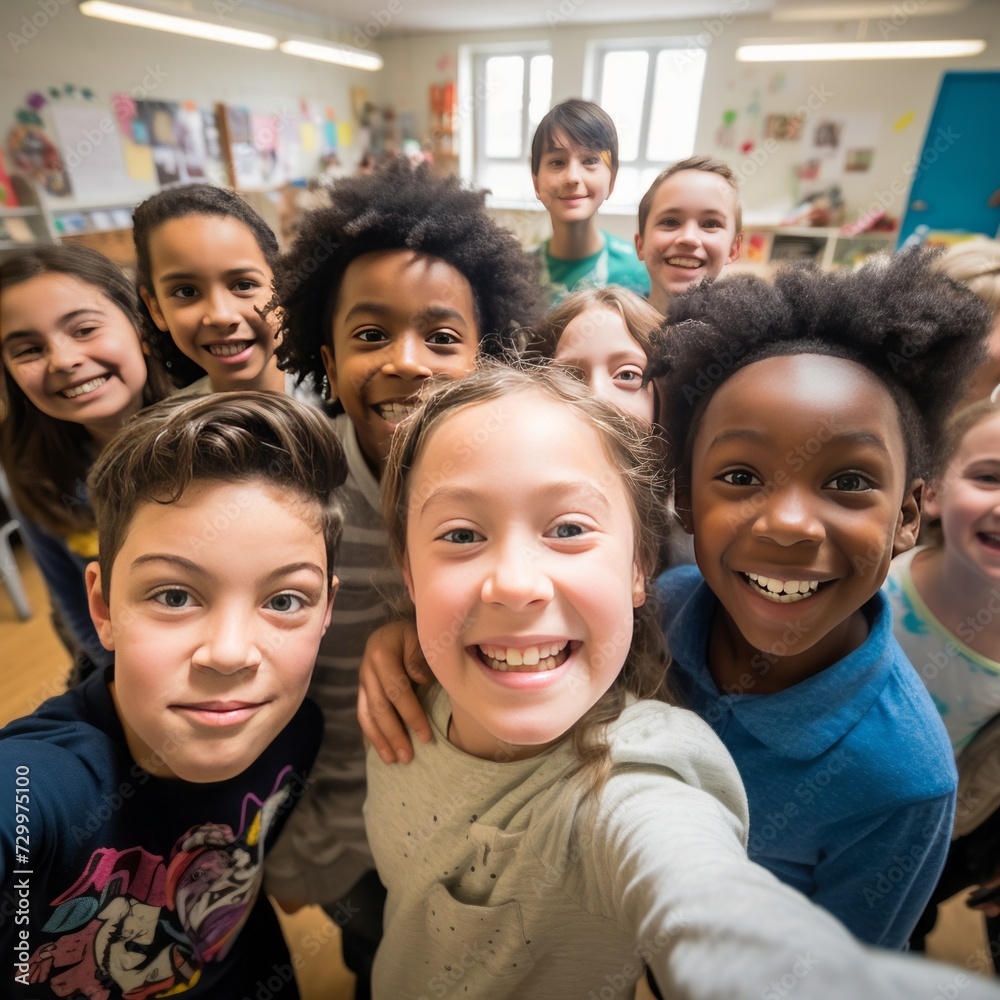 Happy diverse junior school students children group looking at camera standing in classroom. Smiling multiethnic cool kids boys and girls friends posing for group portrait together Happy diverse junior school students children group looking at camera standing in classroom. Smiling multiethnic cool kids boys and girls friends posing for group portrait together