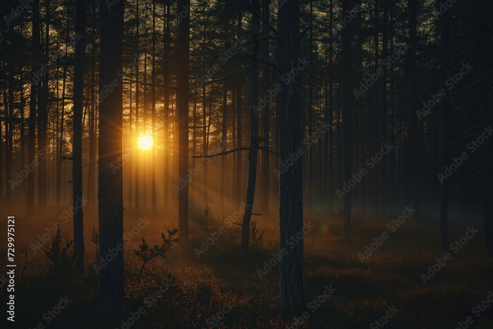 Obraz premium midnight sun streaming through pine forest
