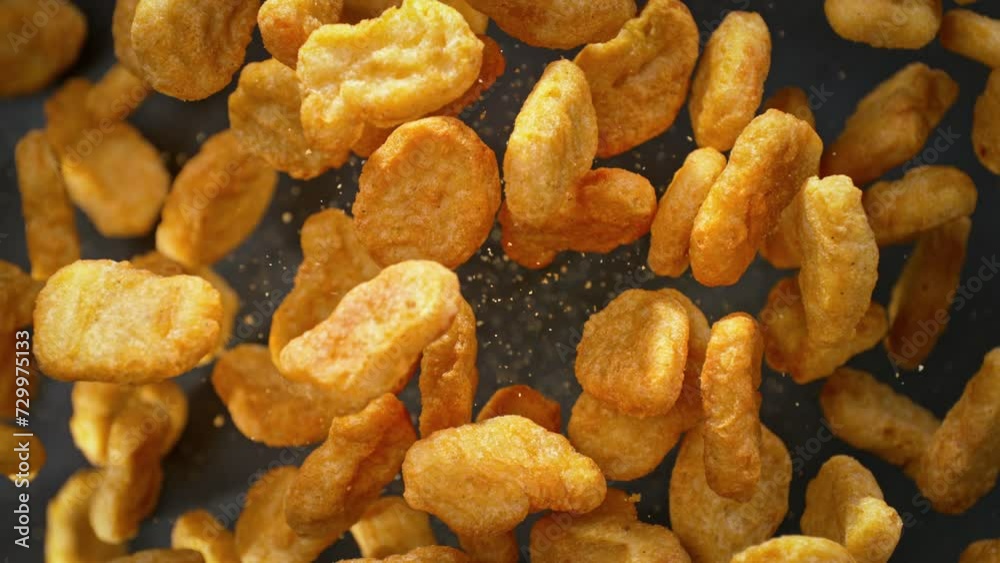 Super Slow Motion Shot of Flying Chicken Nuggets Towards Camera at 1000fps. Super Slow Motion Shot of Flying Chicken Nuggets Towards Camera at 1000fps.