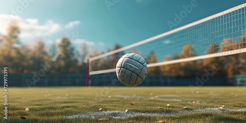 Sunlit volleyball court with flying ball, recreational sport scene, vibrant outdoor setting. ideal for sports themes and lifestyle content. AI photo