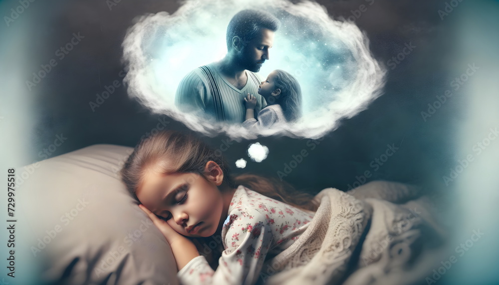 child girl sleeping in a bed and dreaming of a father