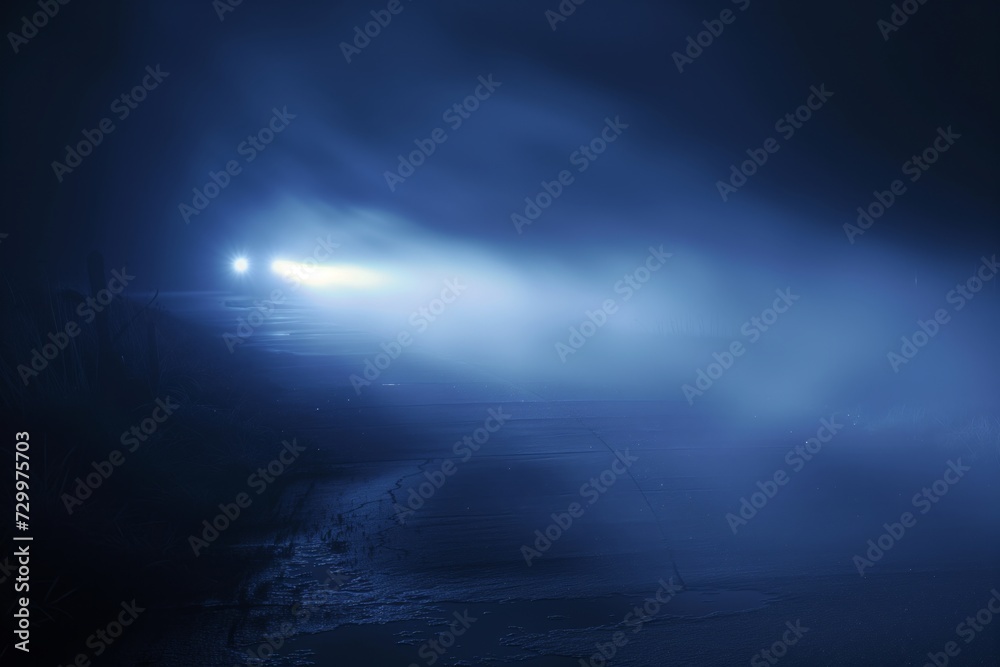 luminous beams from car piercing fog at night