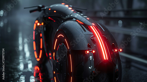 a futuristic cropped back end of a minimal bicycle is shown sitting against a dark background photo