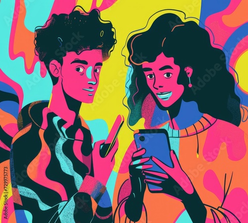 Colorful illustration of a couple of young people, students using phones