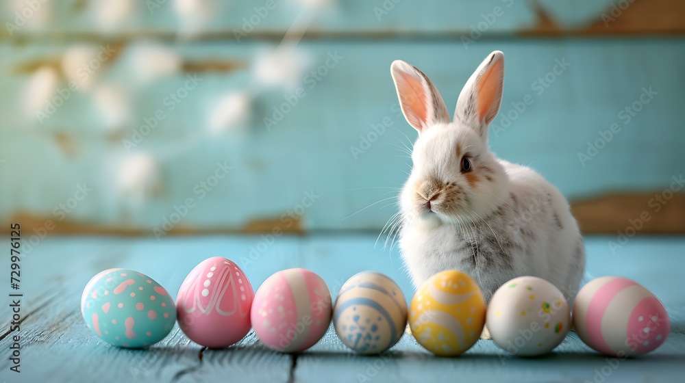 Esthetic pastel color easter eggs in a row. Rabbit in background. Product photography. Esthetic pastel color easter eggs in a row. Rabbit in background. Product photography.