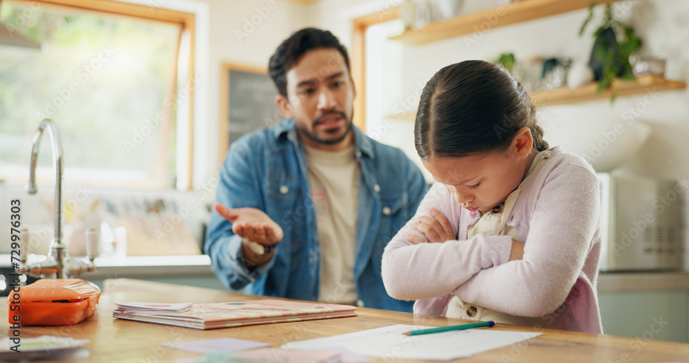 Angry dad with crying child, homework and scolding in kitchen, helping to study with conflict. Learning, teaching and frustrated father with sad daughter for discipline, education and problem in home Angry dad with crying child, homework and scolding in kitchen, helping to study with conflict. Learning, teaching and frustrated father with sad daughter for discipline, education and problem in home