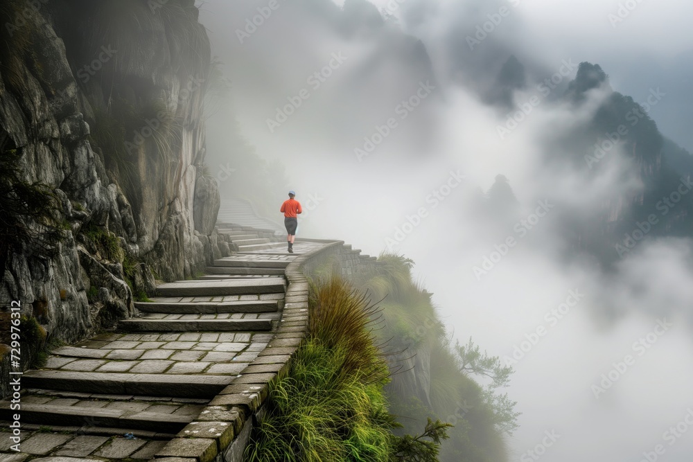 Naklejka premium lone jogger on a misty mountain stair path