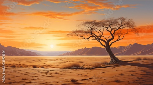 Sun-scorched desert landscape, lone tree silhouetted against endless dunes