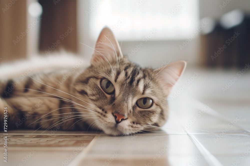 cat lying on a floor with visible hair around it
