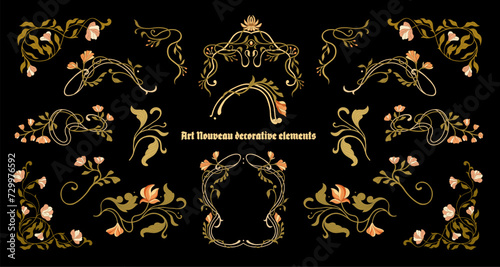 Art Nouveau floral frames, corners, and borders. Vector.