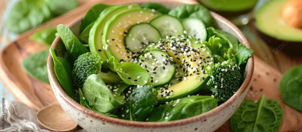 Obraz premium Detox salad with avocado, broccoli, spinach, and cucumber - vegan, vegetarian, raw, healthy diet.