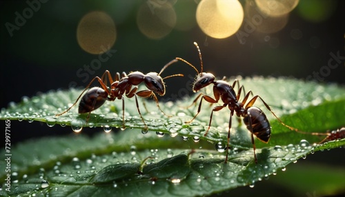 Close-up of ants or ant on a leaf in the wonderful green nature in sunlight on a meadow - ai generated © Christoph Burgstedt