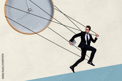 Fotografi Photo collage image young running businessman hurry late clock alarm miss arrang