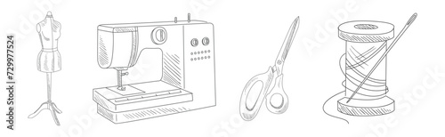 Sewing and Needlework Line Sketch Object and Element Vector Set