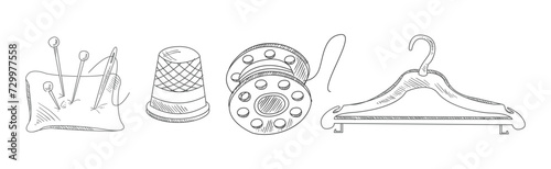 Sewing and Needlework Line Sketch Object and Element Vector Set