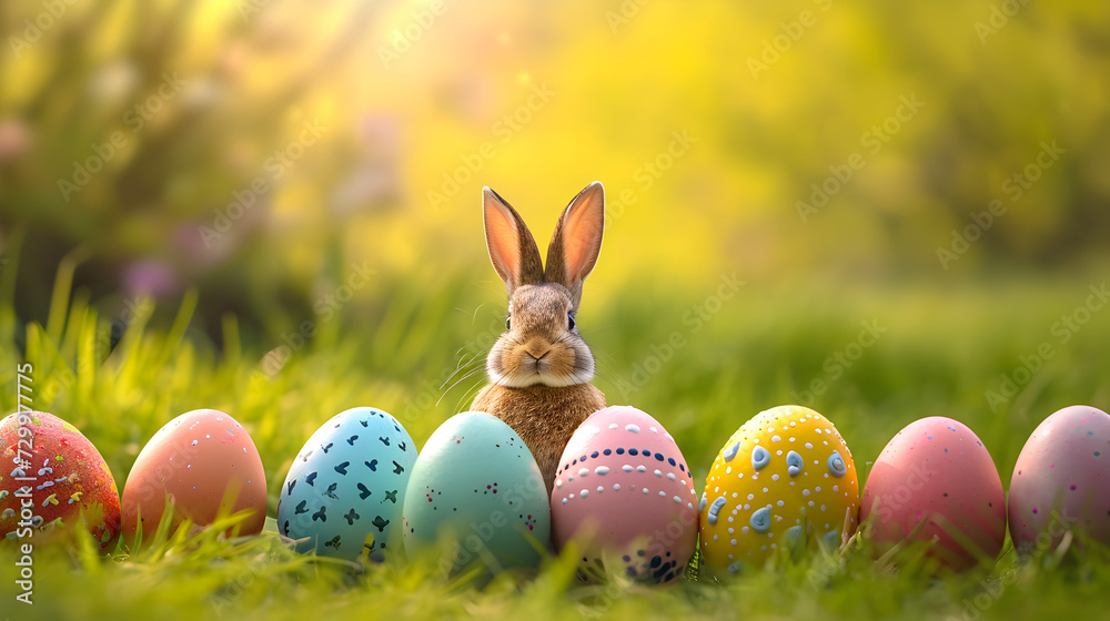 Photograph of easter eggs in a row at a park on the grass. Product photography.