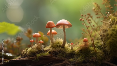 Tiny mushroom family nestled amongst moss and fallen leaves, miniature world in soft pastel tones