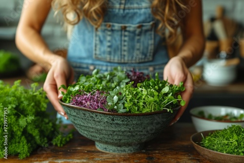 Woman hands hold bowl with microgreen