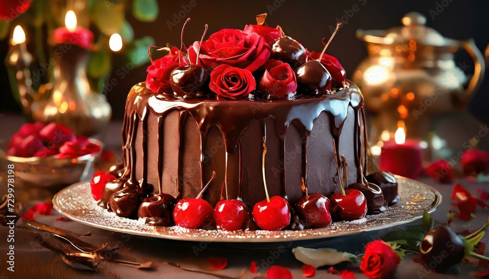 Tort czekoladowy z polewą czekoladową, wiśniami i czerwonymi różami - obrazy, fototapety, plakaty 