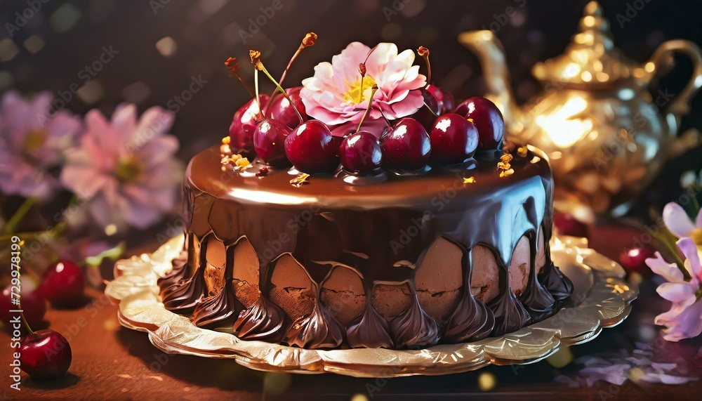 Tort czekoladowy z polewą czekoladową, wiśniami i różowymi kwiatami - obrazy, fototapety, plakaty 